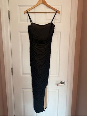 privy Black Ruched Maxi Slip Dress with Spaghetti Straps